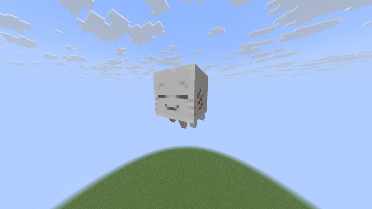 A ghastling — the baby form of a happy ghast — floating in the sky above a flat green world in Minecraft