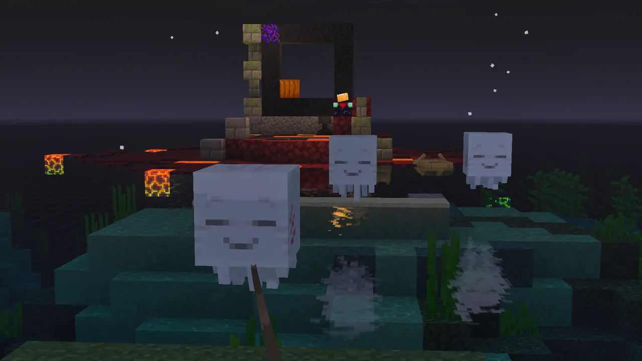 Three ghastlings floating around a ruined nether portal in a dark swamp in Minecraft