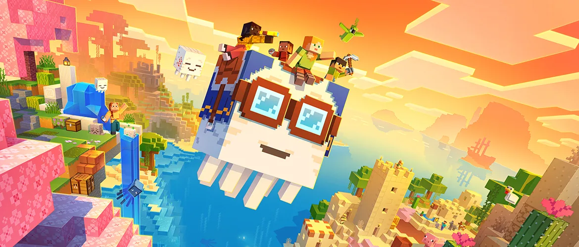 Four Minecraft players riding on top of a harnessed happy ghast wearing brown aviator goggles, flying over an orange sunset landscape of coral, desert, and ocean biomes.