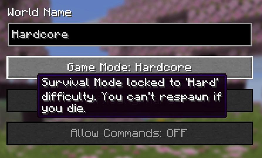 The Minecraft world creation screen with the Hardcore game mode selected, cheats and bonus chest greyed out.