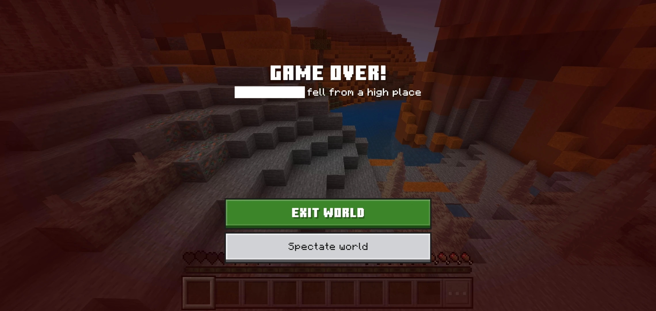 A Minecraft Hardcore death — the screen offering only spectate or title, with the run permanently over.
