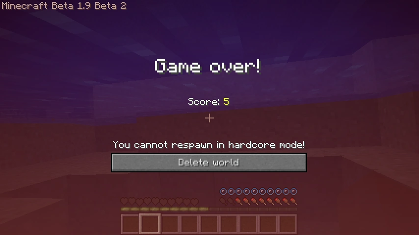 A Minecraft Hardcore world at dusk — a player surveying rough terrain with the darker hardcore heart HUD, one life on the line.