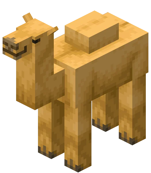 A tall Minecraft camel — naturally tame, seats two riders, and can dash up to 12 blocks forward.