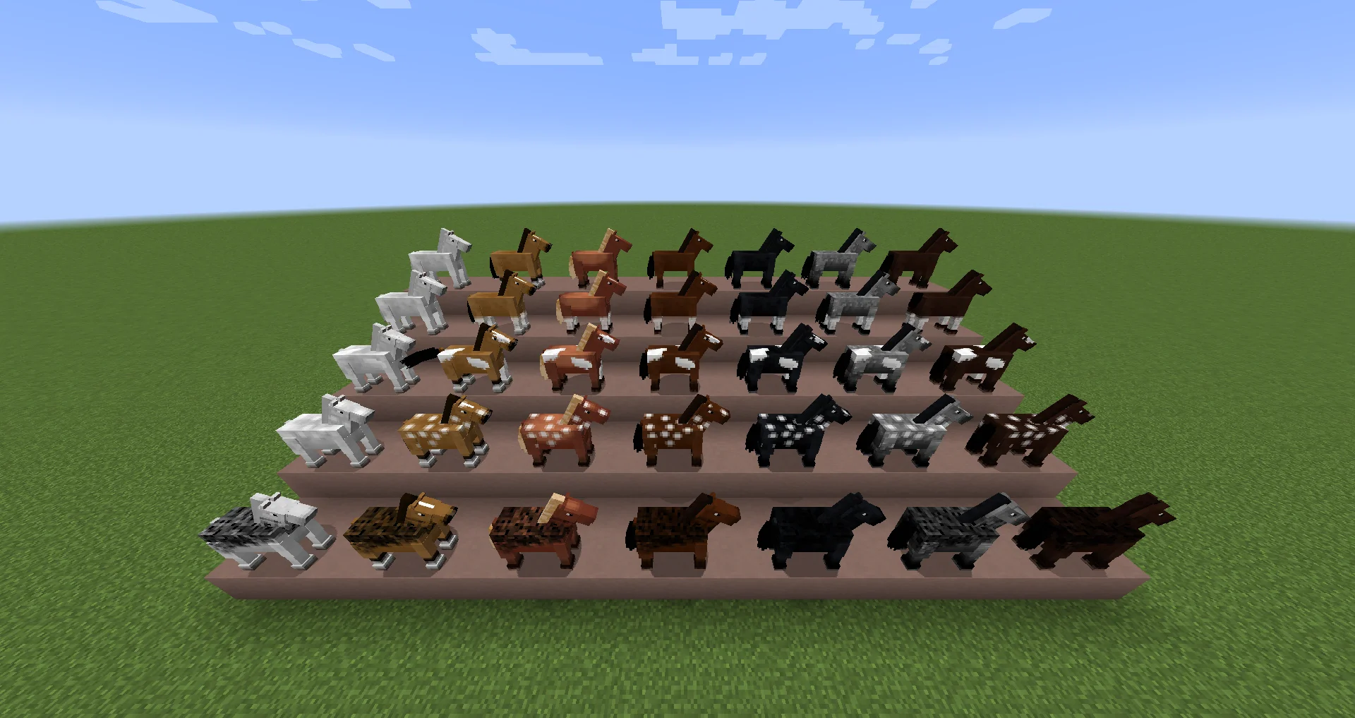 A row of Minecraft horses in their different coat colors and markings — speed, jump, and health vary from horse to horse.