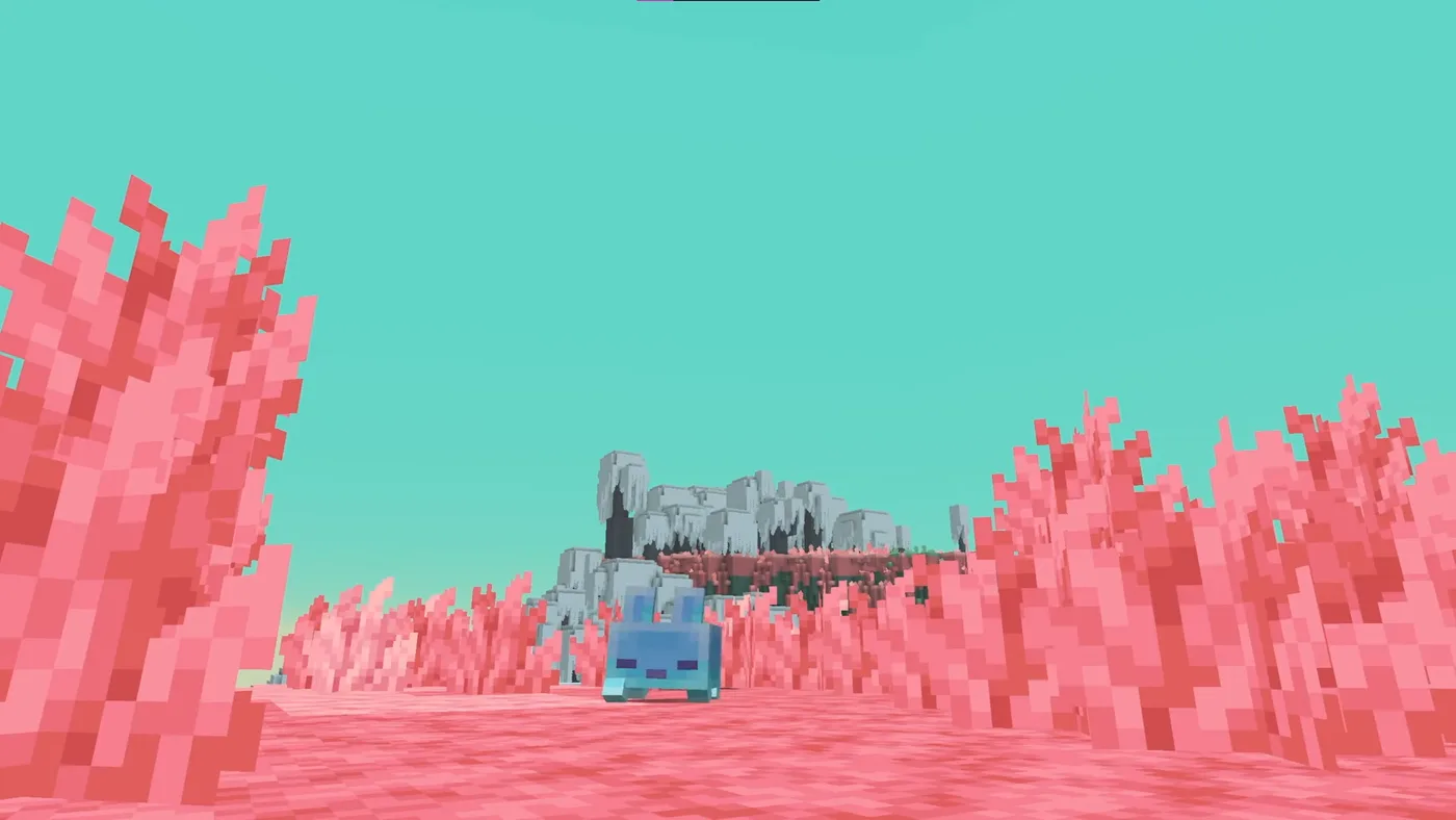 A small pale-blue rabbit-like mob on a salmon-pink grassy plain under a teal sky in the Sift, with tall pink grass in the foreground and dark-trunked trees with white drooping canopies on a hill behind it.