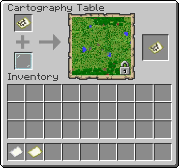 The Minecraft cartography table lock interface, which freezes a map's contents permanently using a glass pane.