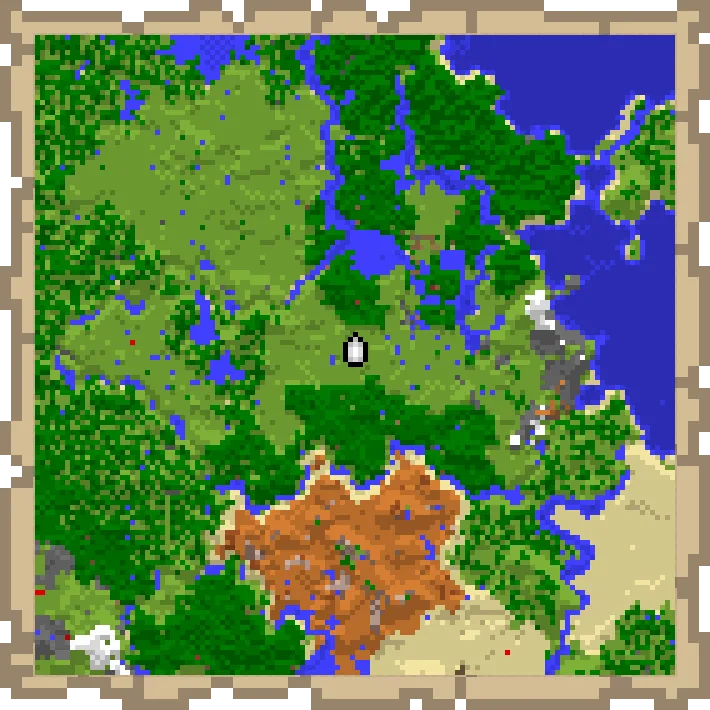 A filled Minecraft map rendered as a 128 by 128 pixel grid, the canvas used for map art.