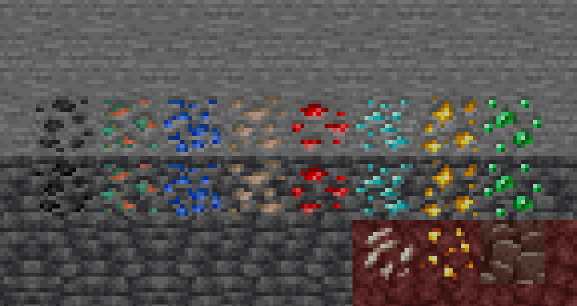 Every Minecraft ore type — coal, copper, lapis, iron, redstone, diamond, gold, and emerald — shown in both stone and deepslate variants, the ores you target at different Y levels.