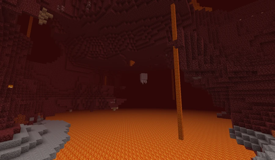 A view across the Minecraft Nether — red netherrack, glowstone, and lava lakes stretching into the haze.