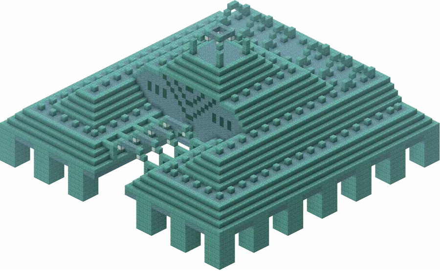 A Minecraft ocean monument — the huge prismarine structure lit by sea lanterns, sitting on the floor of a deep ocean biome.