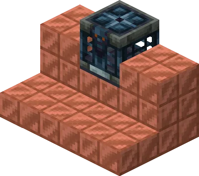 A normal Minecraft vault set on its small pedestal of waxed cut copper blocks and slabs inside a trial chamber.