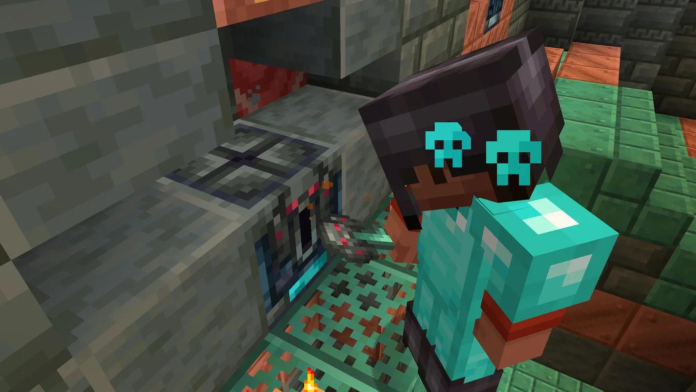 A Minecraft player standing in front of an ominous vault in a trial chamber, holding an ominous trial key ready to unlock it.