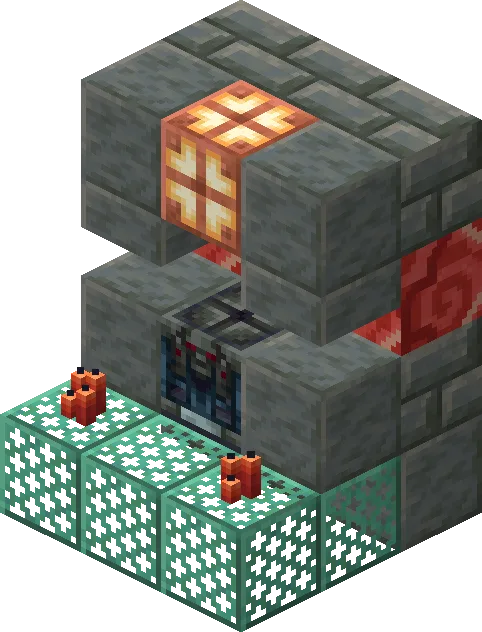 An ominous vault in a Minecraft trial chamber, set into an altar of polished tuff with red candles burning on either side and red glazed terracotta framing it.