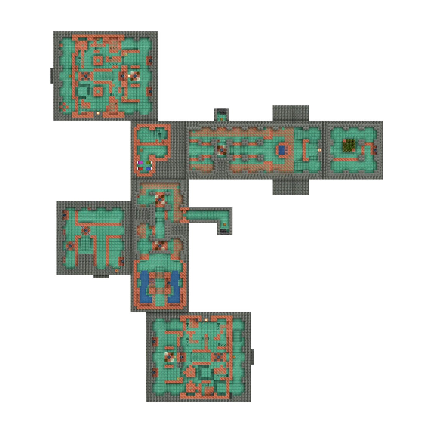 The overhead layout of a Minecraft trial chamber, showing the corridors, intersections and combat chambers that determine where vaults generate.