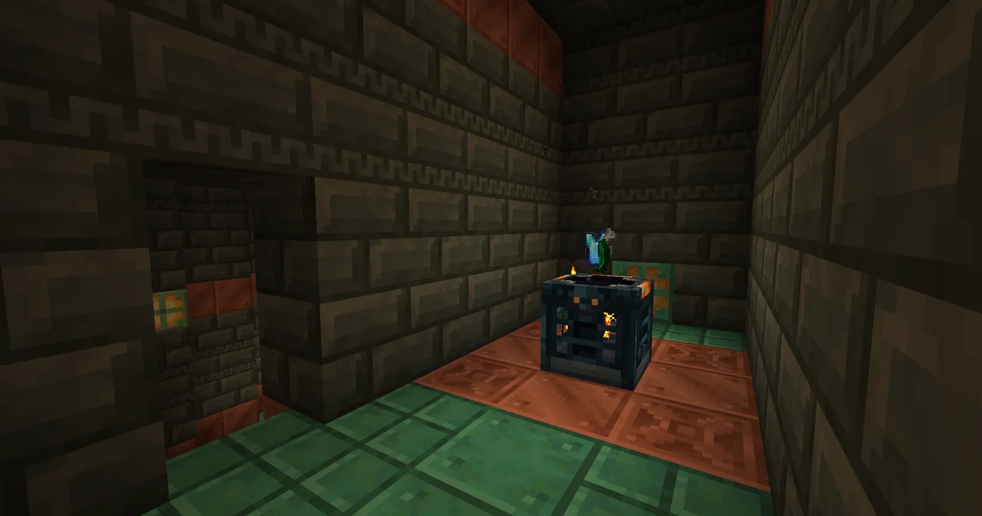 A vault in a Minecraft trial chamber mid-eject, throwing its loot out one stack at a time.