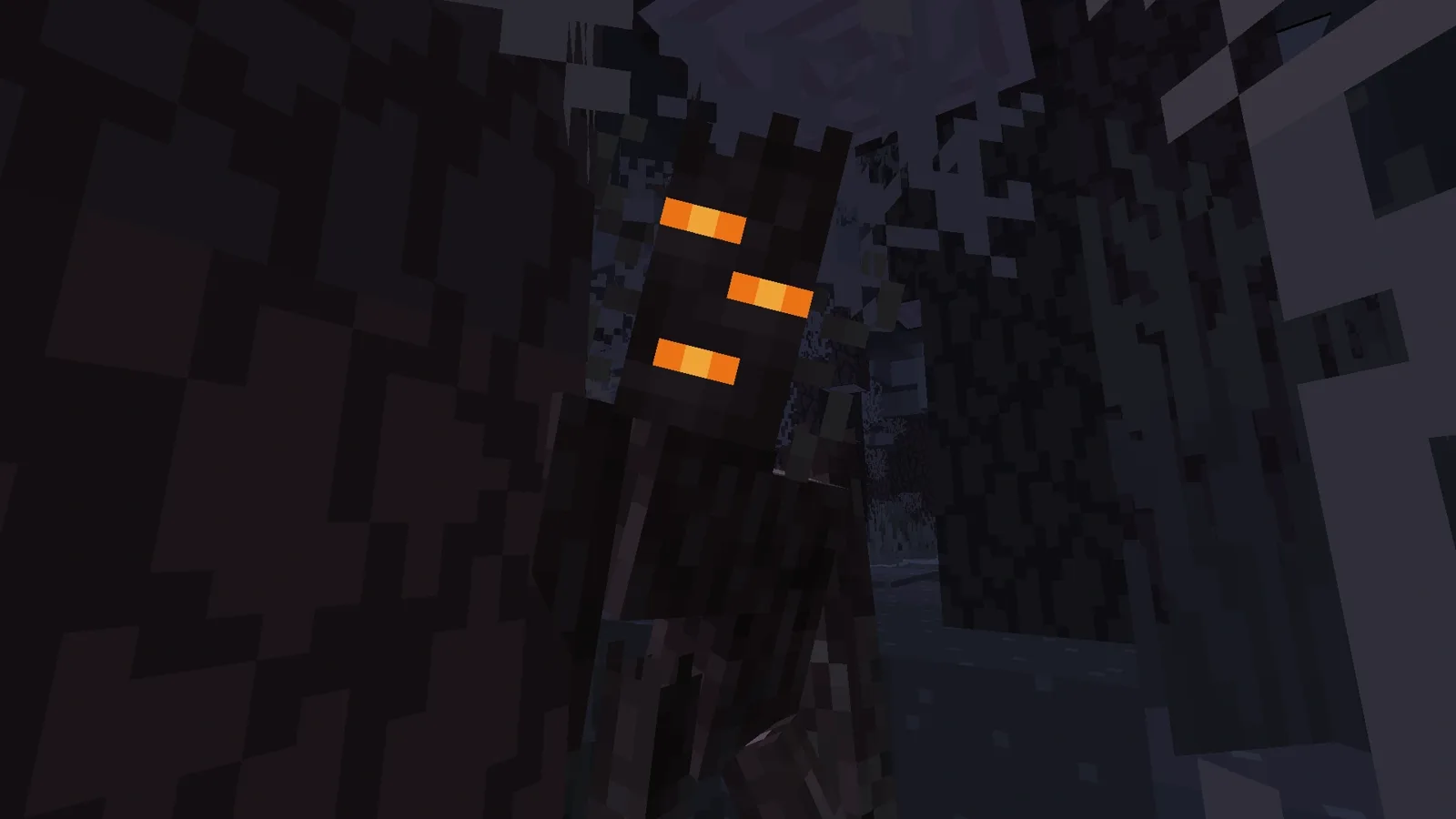 A creaking with three glowing orange eyes peering out from between pale oak trunks at night