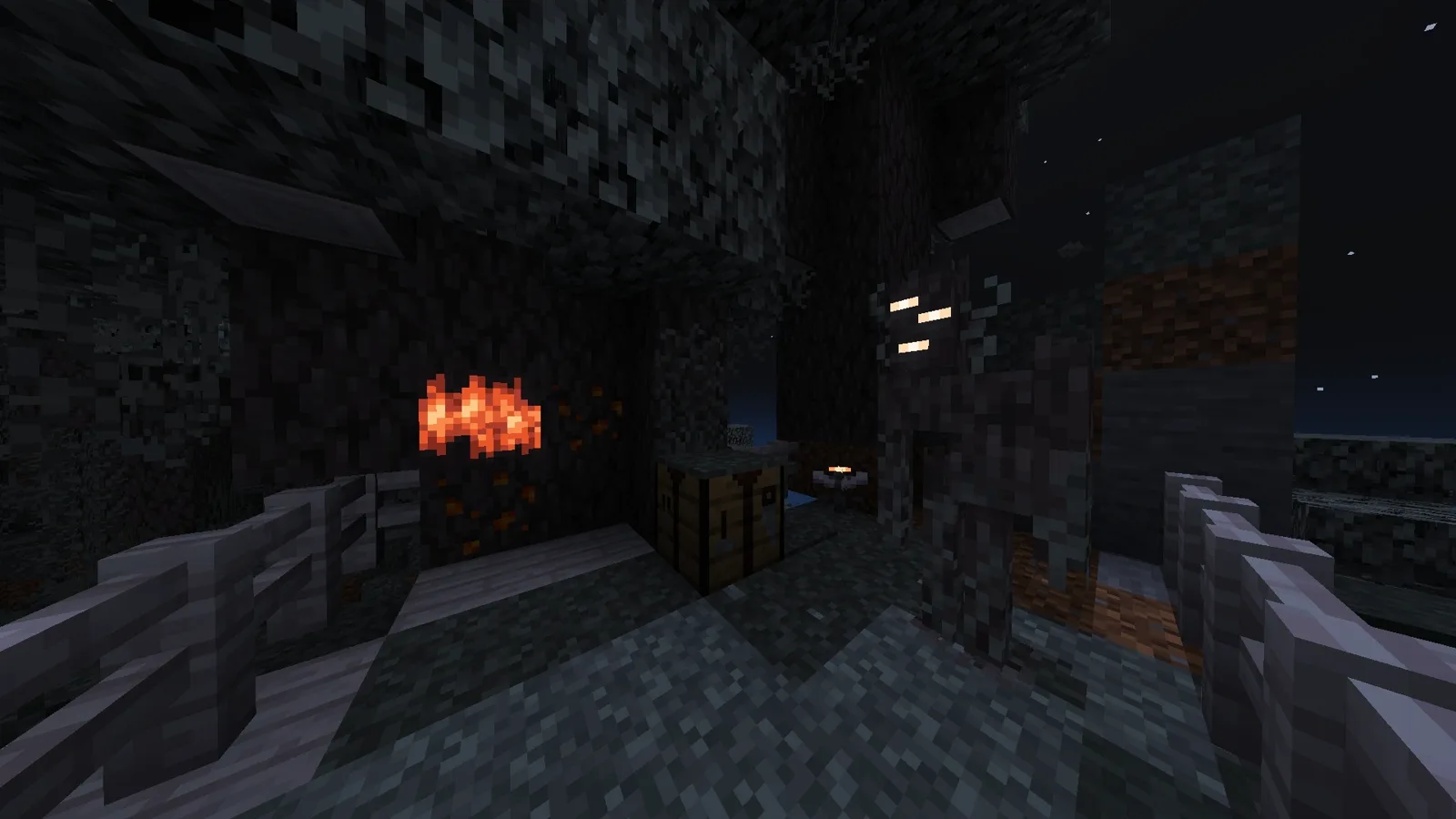 A creaking heart glowing orange inside a pale oak trunk at night, with the three orange eyes of its linked creaking visible nearby