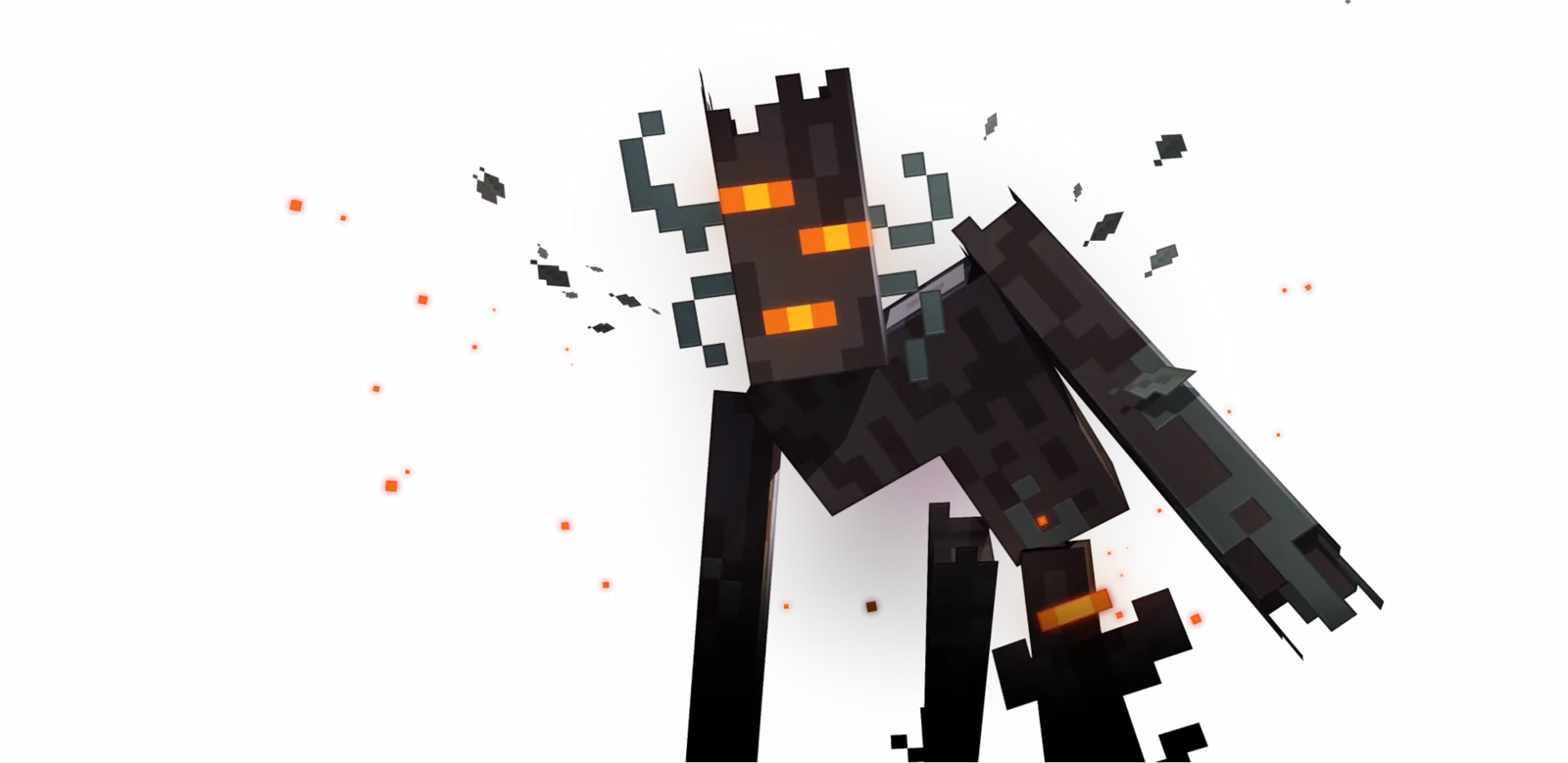 Official Mojang key art of the creaking, a dark wooden creature with three asymmetric glowing orange eyes and branch-like limbs