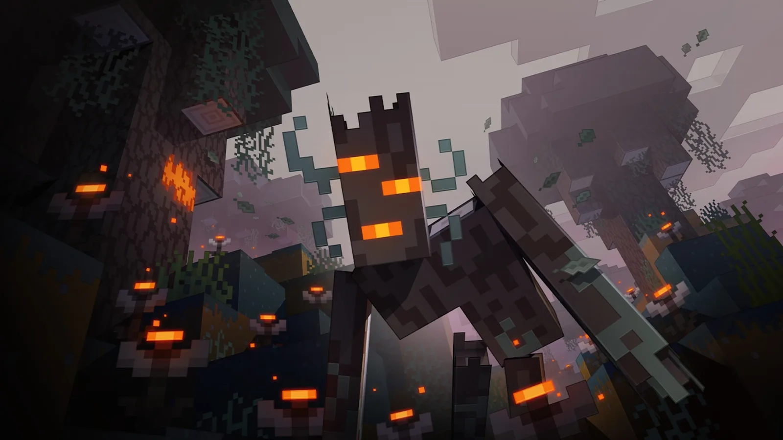 Official Garden Awakens artwork of a creaking with three glowing orange eyes looming between pale oak trees, with orange eyeblossoms glowing on the gray forest floor below.