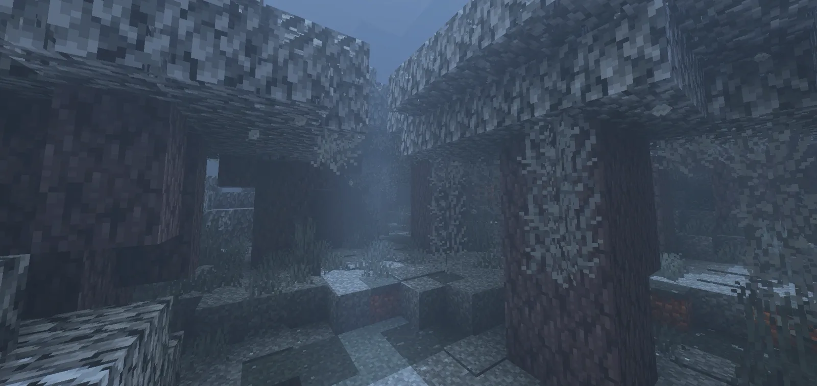 A foggy pale garden interior with thick pale oak trunks, gray-white canopy, and pale moss covering the forest floor