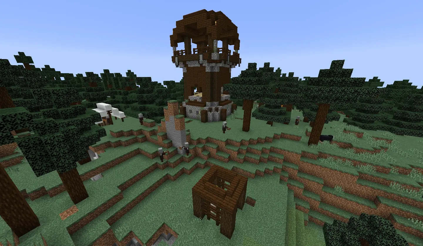 A pillager outpost — a tall dark-oak watchtower in a taiga, with pillagers spawning around its base.