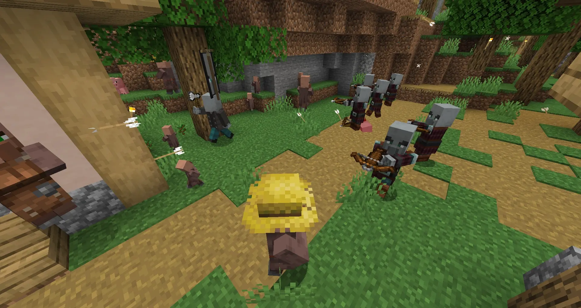 A Minecraft raid attacking a village — pillagers, a ravager, and illagers advancing while an iron golem defends.