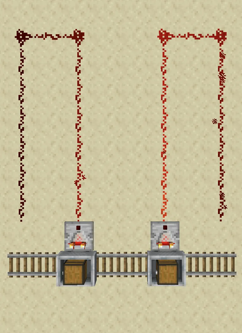 Two Minecraft chest minecarts sitting on detector rails against sandstone, each with a comparator above it feeding a long line of redstone dust — the left line is dim and the right line is brightly lit, showing different signal strengths.