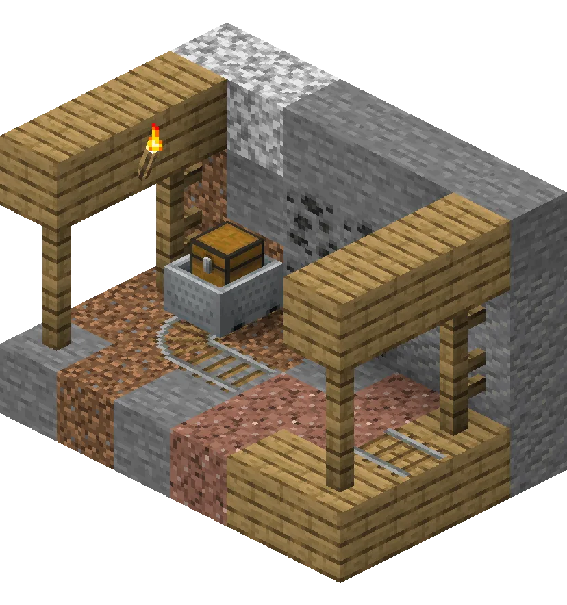 An isometric cutaway render of a Minecraft mineshaft: wooden support beams and planks frame a stone and dirt corridor lit by a torch, with a chest minecart sitting on a curved rail line that runs across the floor.