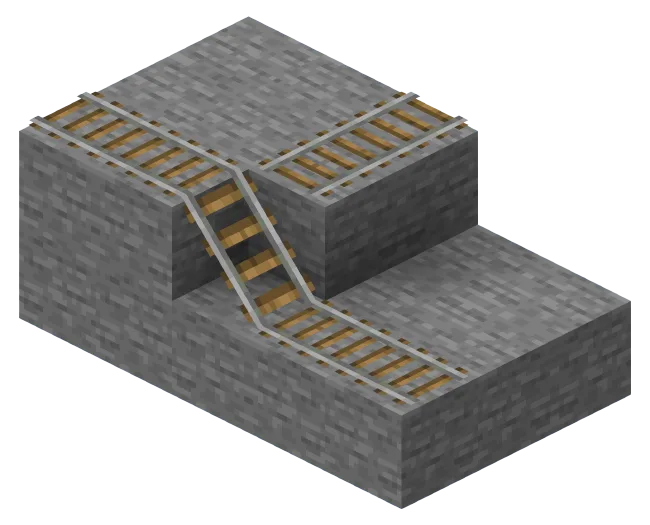 An isometric Minecraft render of a stone-brick structure with rails running along the top level and a sloped rail descending to the lower level, showing how a rail ramp joins two heights.