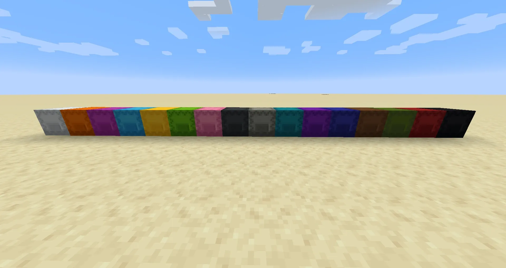 Minecraft shulkers in all sixteen dye colors lined up in rows — the same color palette available when dyeing shulker boxes.