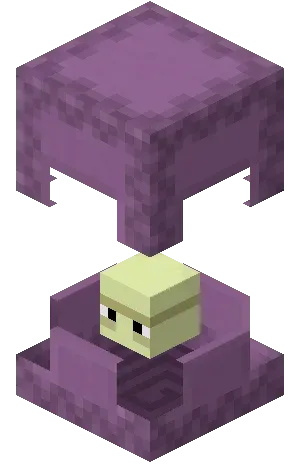 A Minecraft shulker peeking out of its purple armored shell — the only mob that drops shulker shells.