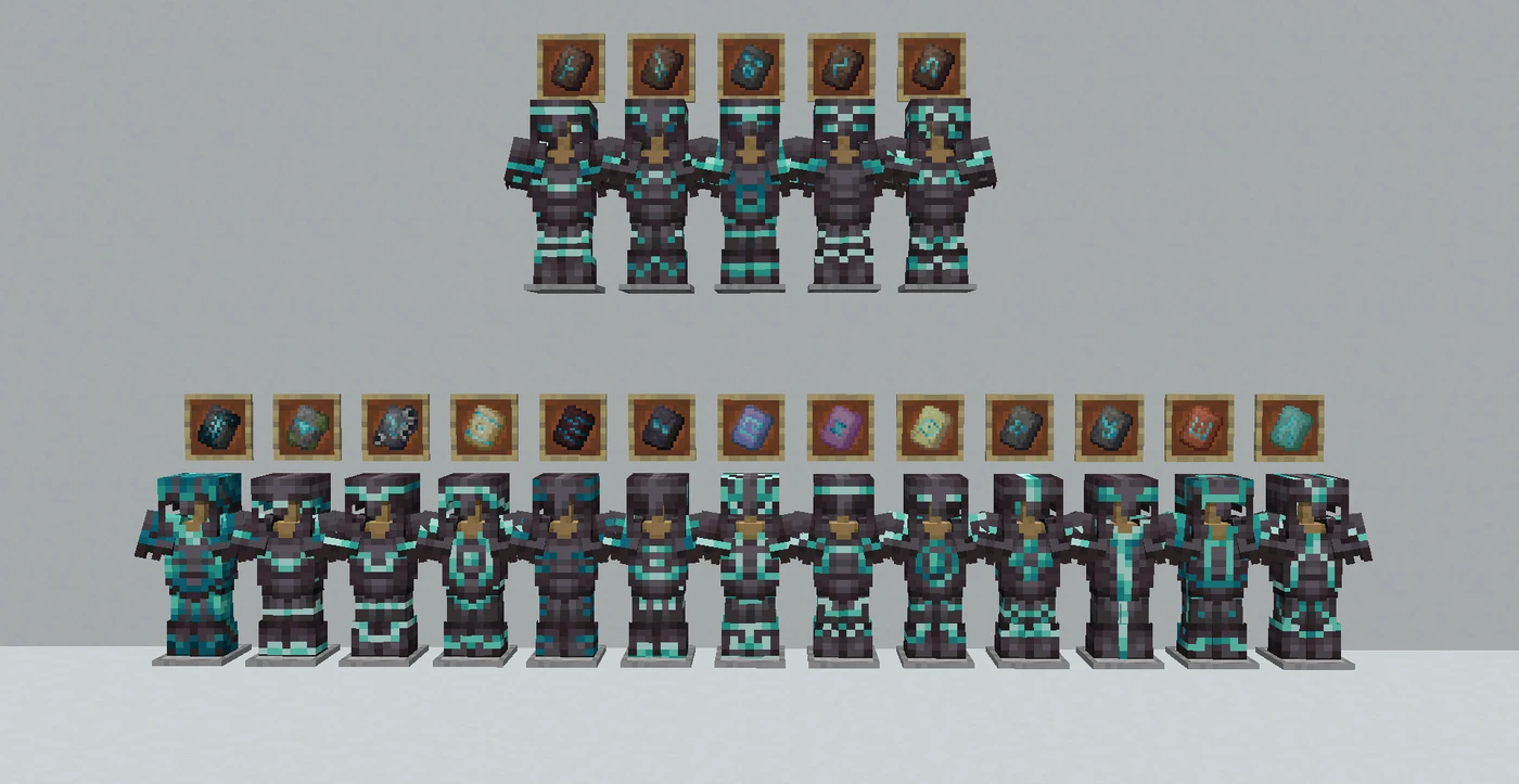 Minecraft diamond and netherite armor pieces displaying different armor trim patterns applied with smithing templates.