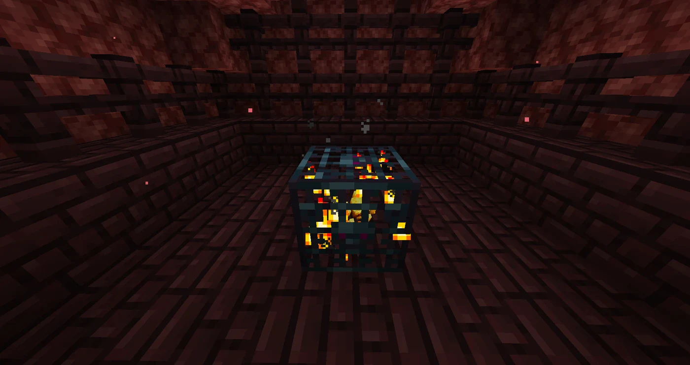A Minecraft blaze spawner on a fenced nether-brick platform inside a nether fortress, with blazes hovering nearby