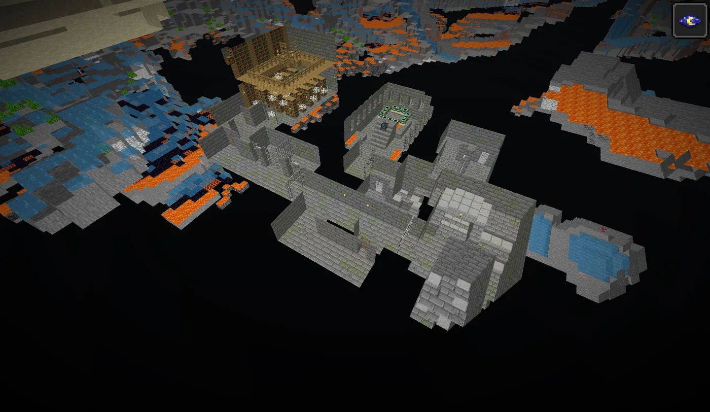 An overhead cutaway of a complete small Minecraft stronghold showing two staircases, a five-way crossing, two prison halls, a large library, and the End portal room all connected by corridors.