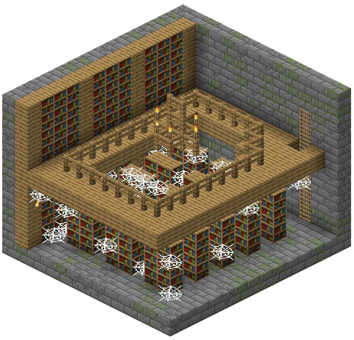 The interior of a Minecraft stronghold library, a two-story room lined with bookshelves and cobwebs around a single loot chest.