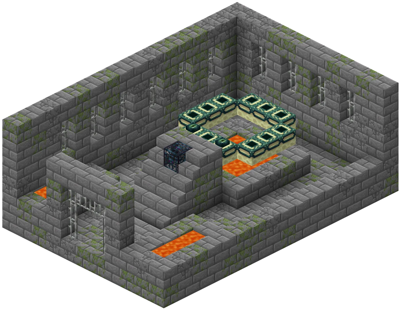 An isometric cutaway of a Minecraft stronghold portal room with the walls removed, showing the ringed End portal frame, the iron bar entry grate, and the lava basin beneath it.