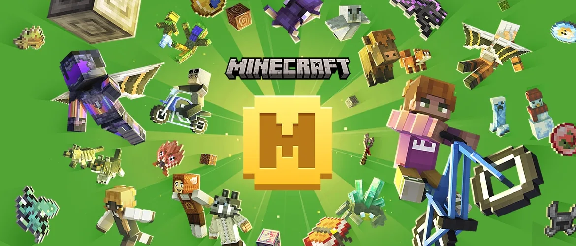 Minecraft Minecoins art: a large gold coin stamped with an M in the centre of a green burst under the Minecraft logo, surrounded by Marketplace skins, mobs and items, including players riding a motorbike and a blue bicycle.