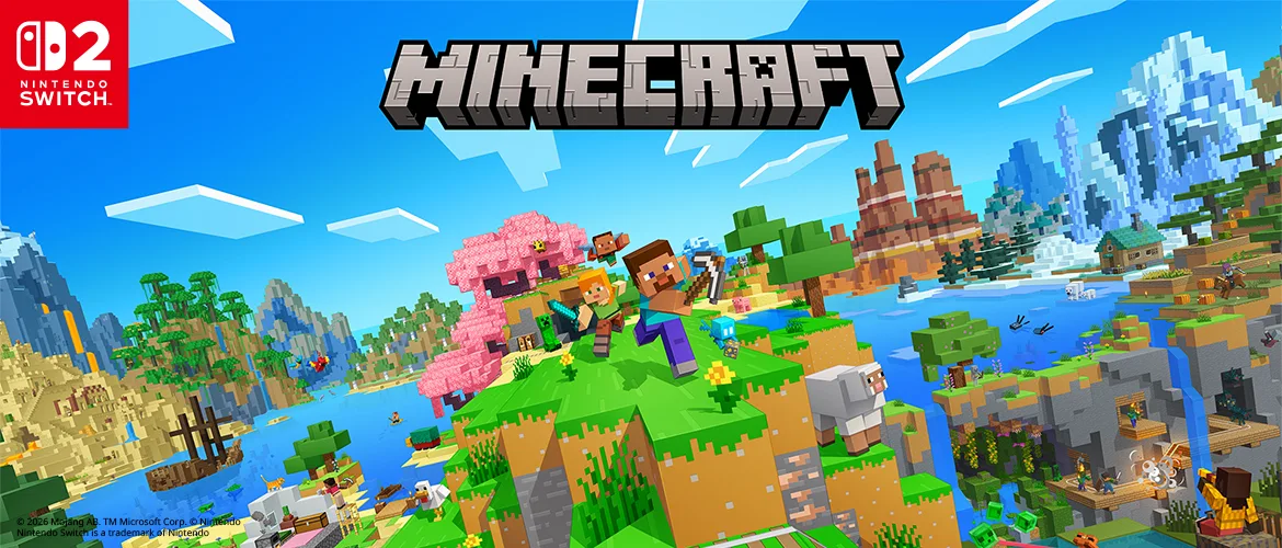 Minecraft key art for Nintendo Switch 2: Steve and Alex leaping over a grassy hilltop beside a pink cherry tree and a sheep, with badlands spires, snowy peaks, a river and a shipwreck behind them, the Minecraft logo at the top and a red Nintendo Switch 2 logo in the top-left corner.