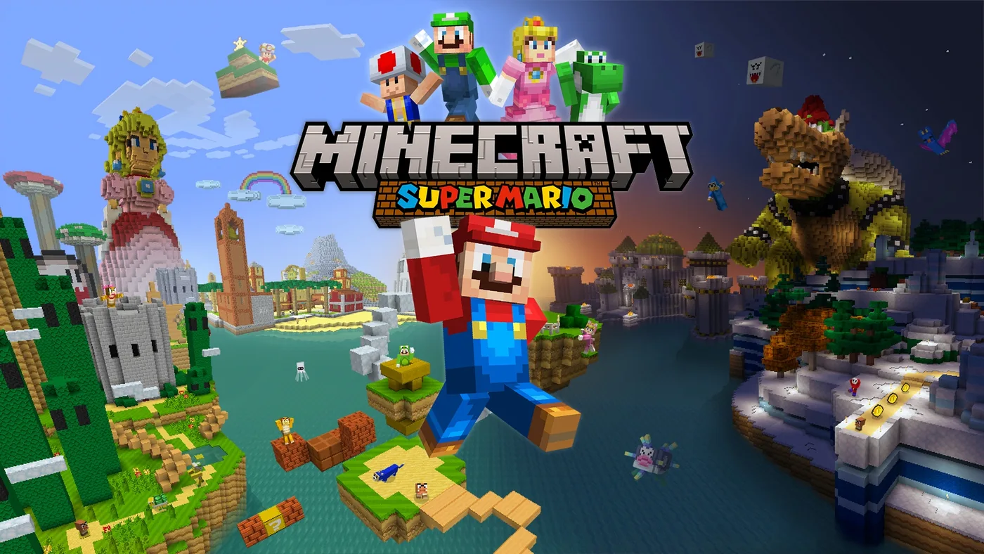 Super Mario Mash-Up key art for Minecraft: a blocky Mario leaping toward the camera beneath the Minecraft Super Mario logo, with Toad, Luigi, Peach and Yoshi standing on the logo, a giant blocky Princess Peach on the left and a blocky Bowser on the right.