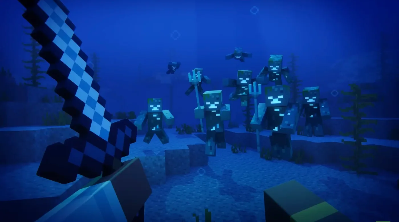 First-person Minecraft view of a horde of drowned advancing underwater, several of them holding tridents, seen over a raised diamond sword.