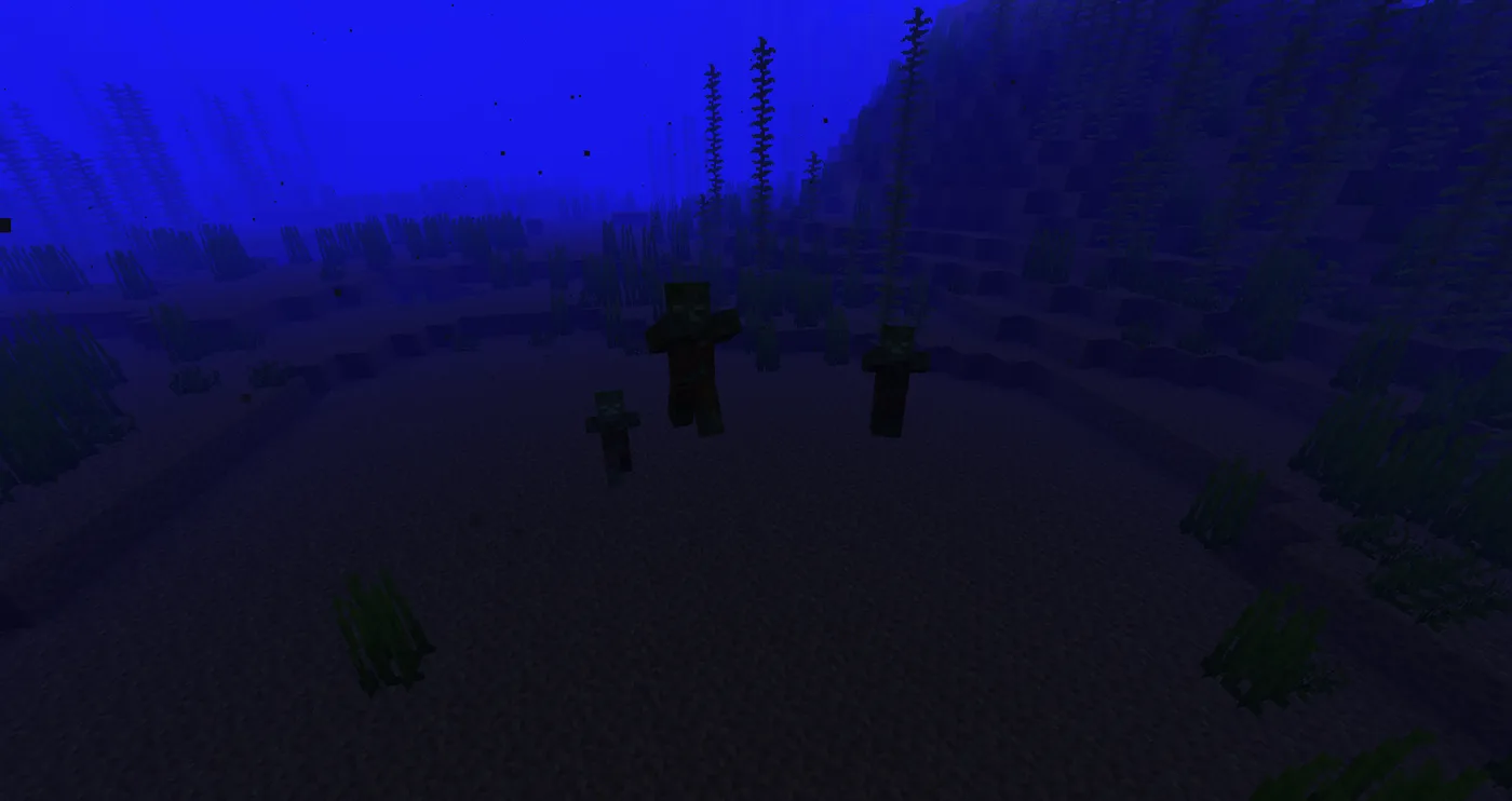 Drowned spawning on a dark ocean floor in Minecraft, the low light level that lets them generate underwater.