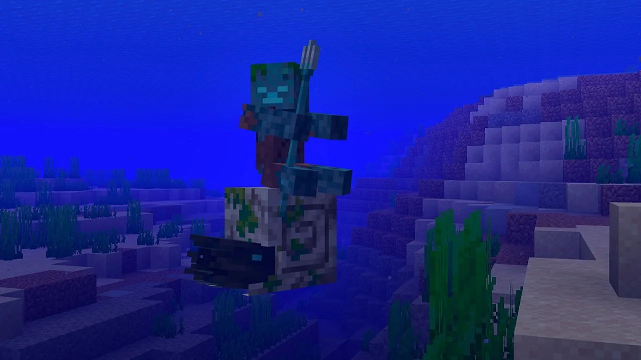 A drowned holding a trident riding a zombie nautilus underwater in Minecraft, the zombie nautilus jockey added in Java 1.21.11.