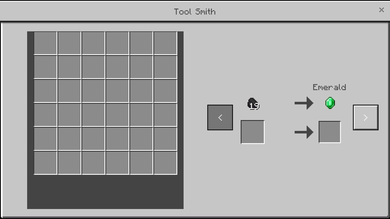The Minecraft villager trading interface, showing emerald costs on the left and the item the villager offers on the right.
