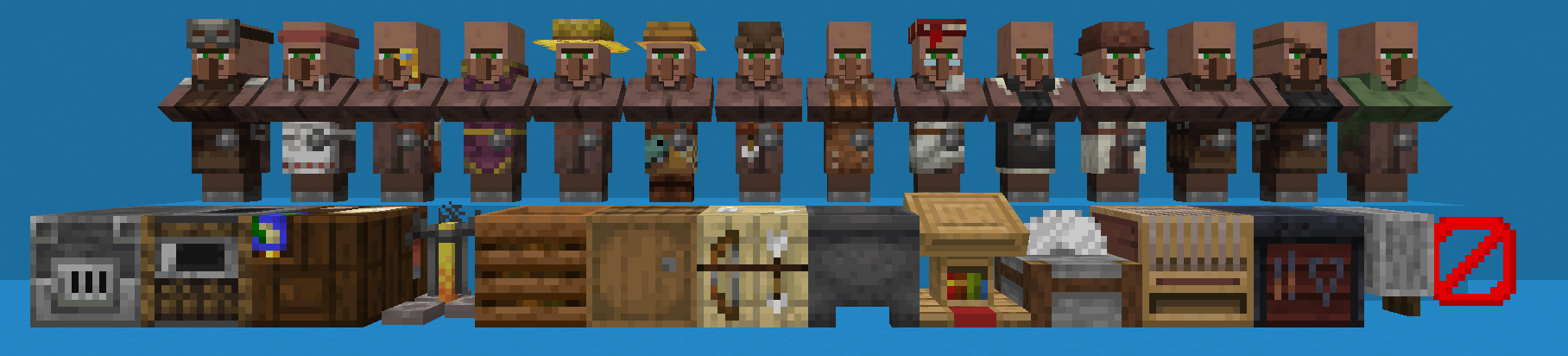 A lineup of Minecraft villagers showing the different profession skins, from farmer to librarian to cleric.