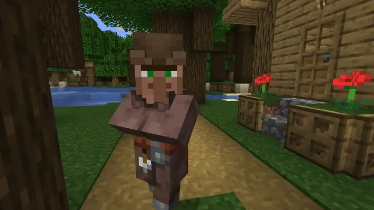 A Minecraft villager standing in a village — the trader you assign a profession and level up for Mending books and cheap enchanted gear.