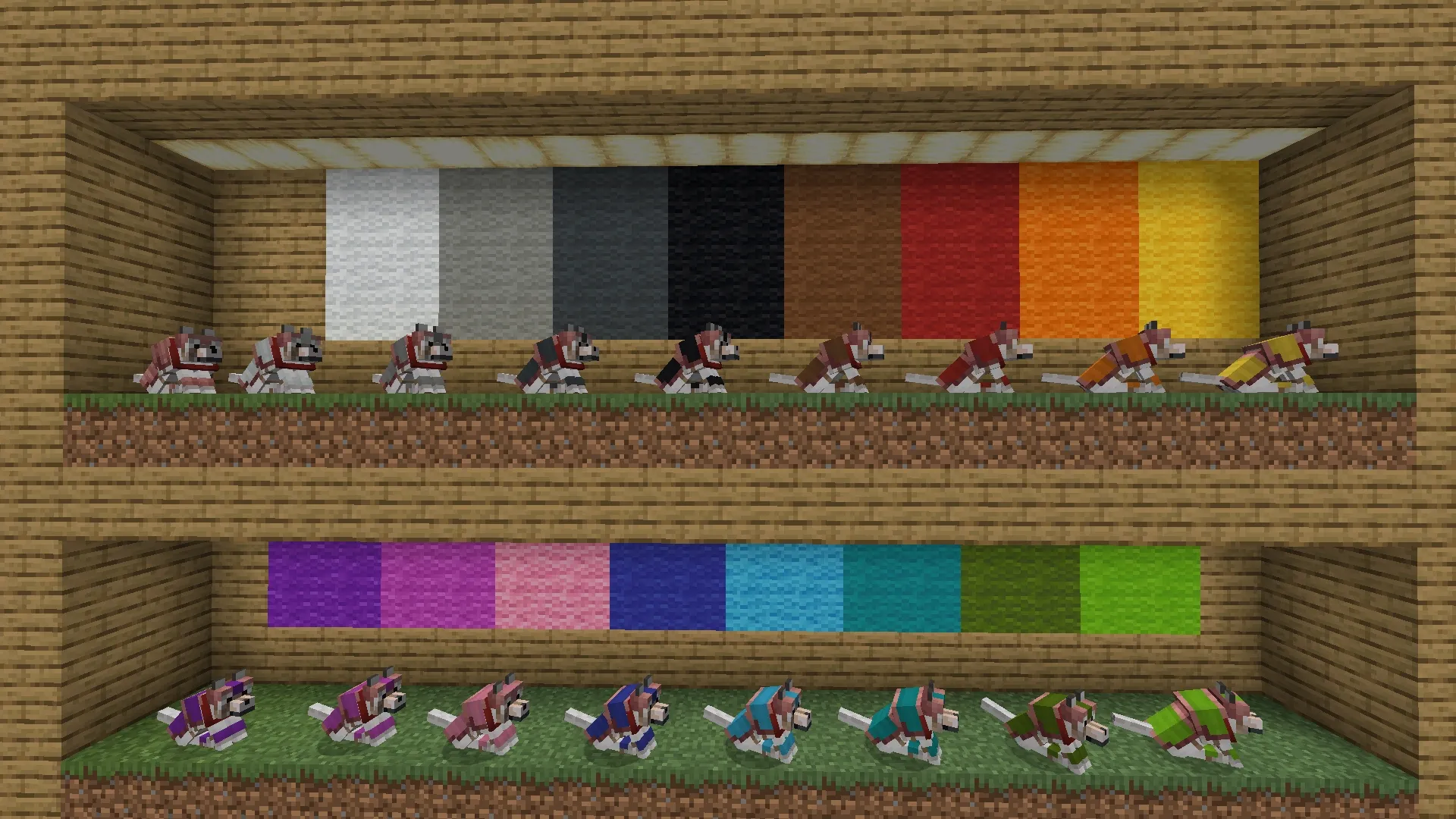 Minecraft wolf armor dyed in a spread of different colors on a row of wolves.