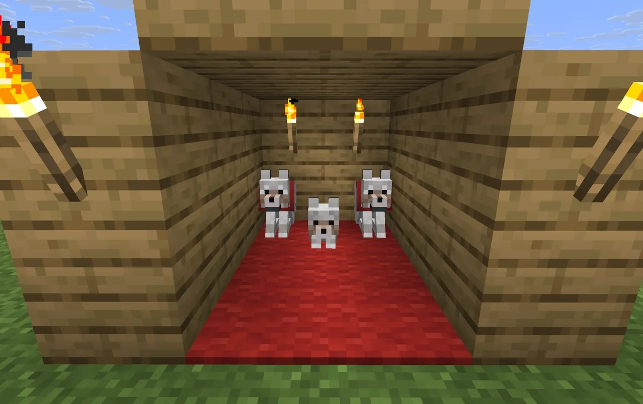 A pack of Minecraft wolves showing different coat variants together.