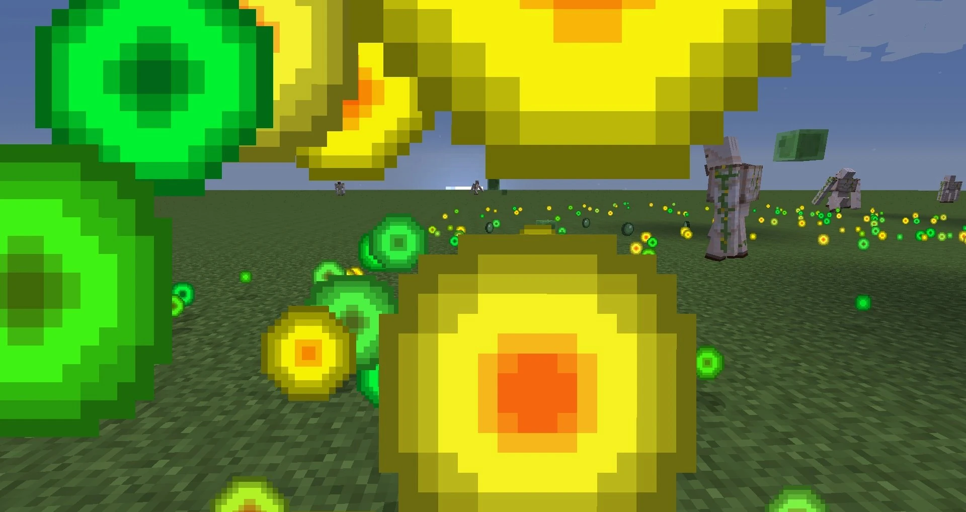 A Minecraft player surrounded by a huge cloud of glowing green experience orbs — the raw XP that powers enchanting and Mending.