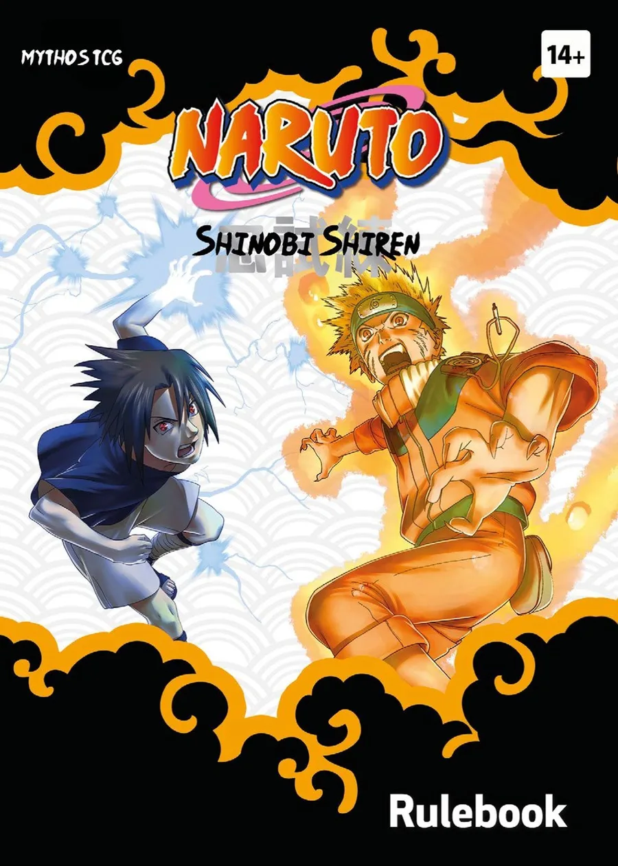 Cover of the NARUTO Mythos TCG Shinobi Shiren rulebook, showing Sasuke and Naruto facing off beneath the NARUTO logo, with a 14+ age mark and the word Rulebook along the bottom.