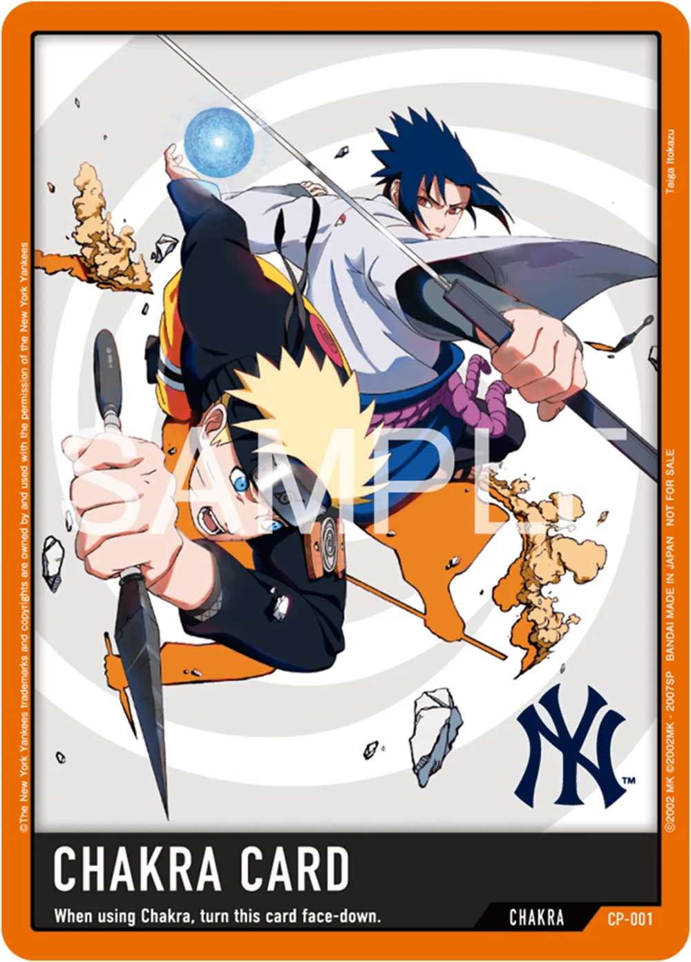 CP-001 Chakra Card, New York Yankees version: Naruto with a kunai and Rasengan and Sasuke drawing a sword on a spiral background, with the interlocking NY logo in the lower right of the art box.